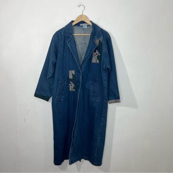Vintage Denim Applique Created By Connie Oversized Long Trench Coat Size XS - Picture 1 of 15